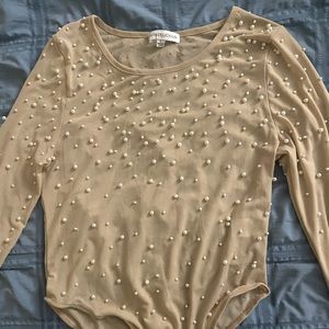 Women’s Beige Mesh Long-sleeve Bodysuit with Pearls